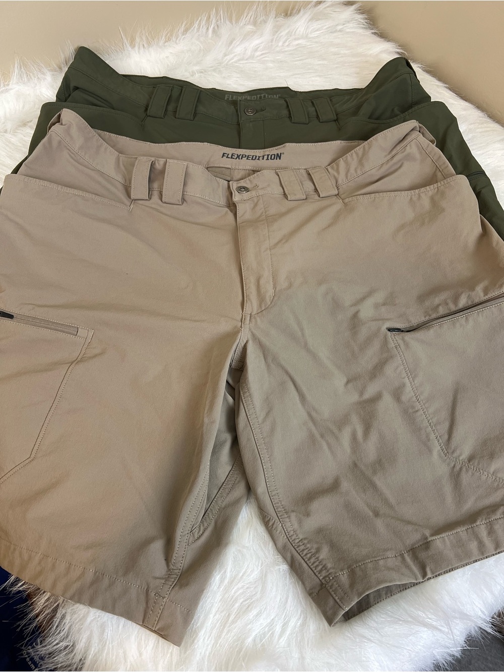 Two pair Duluth Flexpedition Nylon Hiking Men’s Cargo Shorts - Tan Olive 44